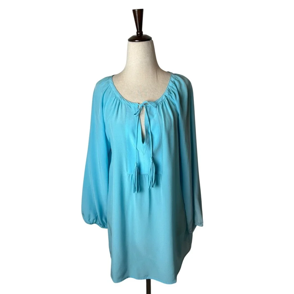 Tyler Boe Silk Tunic Top Women Medium Blue Tassel Tie Long Sleeve Blouse Preppy - Picture 2 of 12